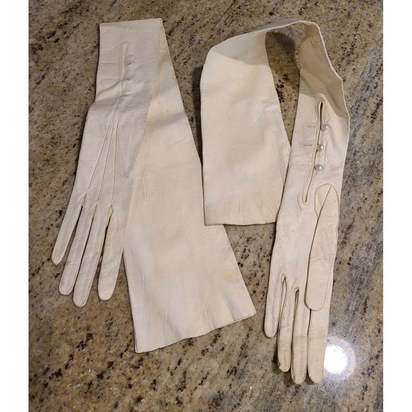 Vintage Antique? Size XS 6 Ivory 26" Long Formal Opera Gloves France Buttons - Picture 1 of 16
